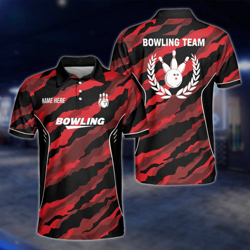 Custom Camo Red Black Bowling Polo Mens Shirt, Custom Camo Bowling Shirts For Team BZ0196 BOW0267