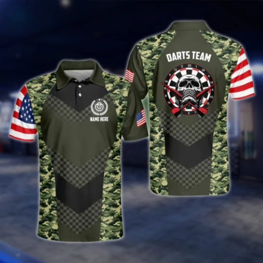 Custom Skull Camo USA Flag Dart Polo Shirt For Men, Custom Camouflage Dart Shirt For Team DAT0458