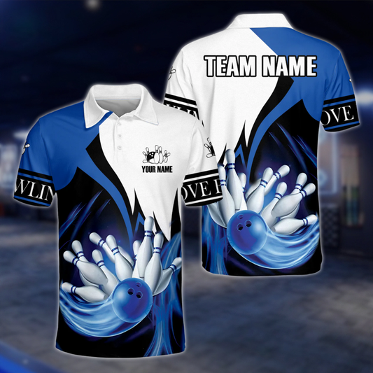 Custom Team Mens Bowling Polo Shirt Blue White, Custom Bowling Shirts BE0041 BOW0432