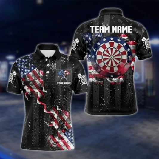 Custom American Flag Smoke Darts Men Polo Shirt, Custom Patriotic Dart Team Shirts DAT0340