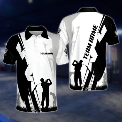 Custom Team Black And White Golf Men Polo Shirt, Custom Golf Team Shirts GOF0097