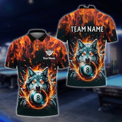 Custom Wolf 8 Ball Flaming Billiard Men Polo Shirt, Custom Wolf Billiard Team Shirts BLD0044