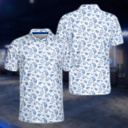 Paisley Blue And White Golf Polo Shirt For Men, Paisley Golf Shirt GOF0164