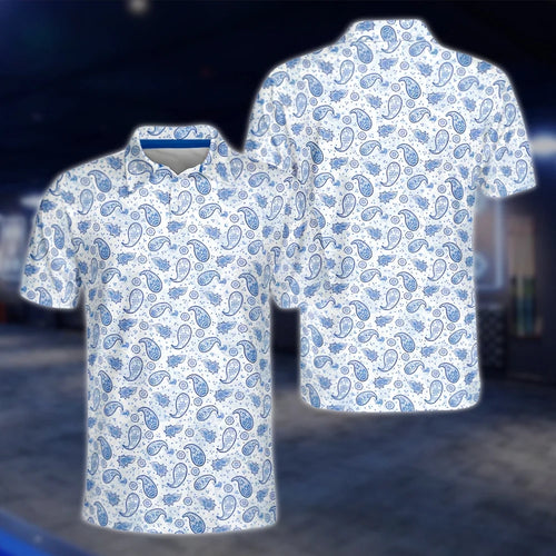 Paisley Blue And White Golf Polo Shirt For Men, Paisley Golf Shirt GOF0164