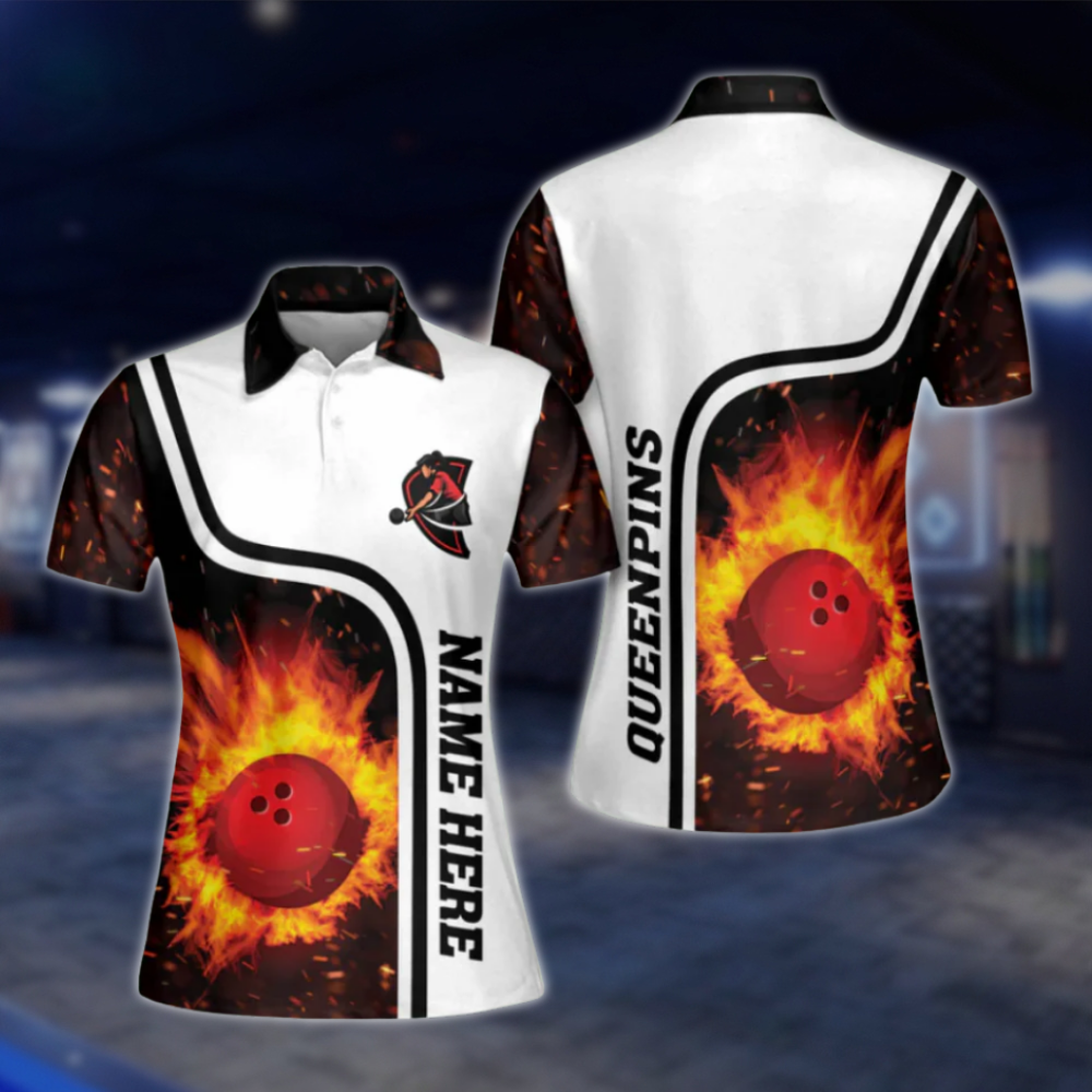 Personalized Queen Pins Flame Bowling Polo Shirt Womens, Custom Flame Bowling Shirt For Ladies BW0129 BOW0423