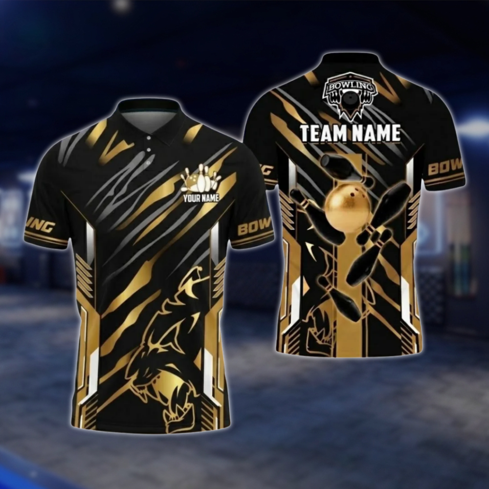 Personalized Black Gold Bowling Team Polo Shirt For Men, Custom Team Bowling Shirt BZ0802 BOW0104