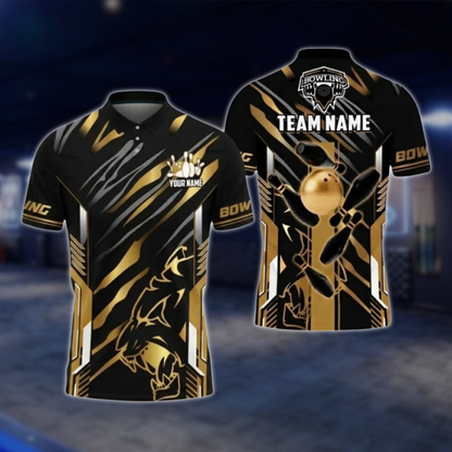 Personalized Black Gold Bowling Team Polo Shirt For Men, Custom Team Bowling Shirt BZ0802 BOW0104