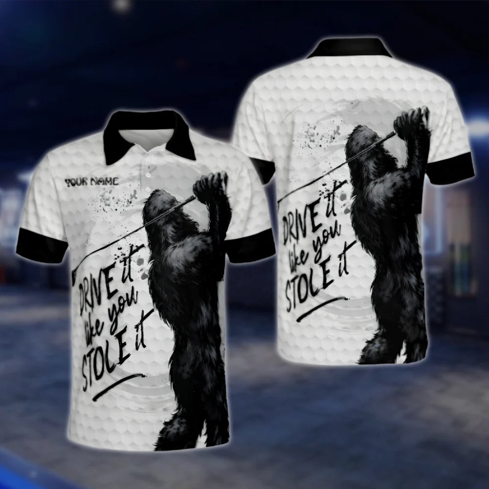 Drive It Like You Stole It Custom Bigfoot Golf Polo Shirt For Men, Personalized Funny Bigfoot Golf Shirt GOF0119