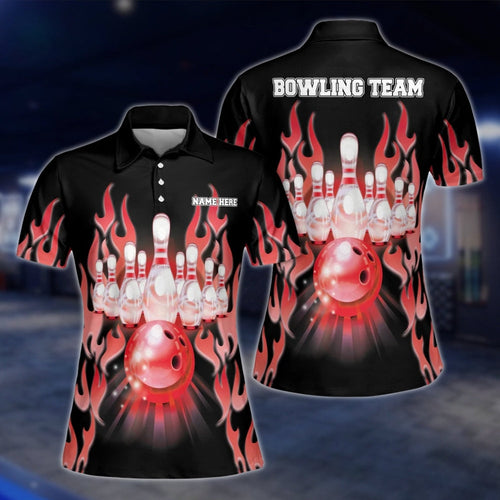 Custom Flame Women's Red Black Bowling Polo Shirt, Custom Flame Bowling Team Shirts BW0125 BOW0212
