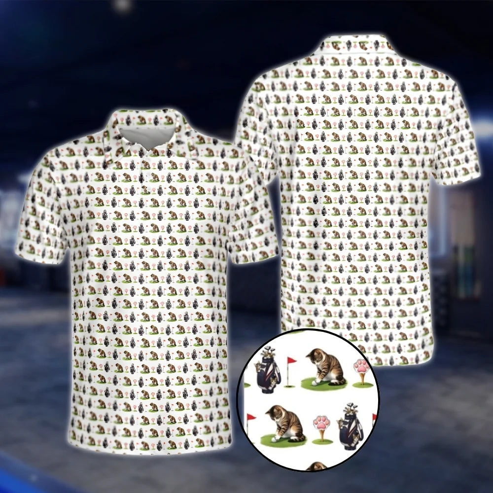 Funny Cat Men's White Golf Polo Shirts, Cat Golf Shirts GOF0002