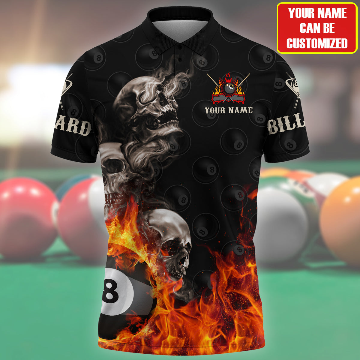 Skull On Fire Billiard Polo Shirt, Personalized Name Billiard Skull 3D Shirt, Skull Polo Shirt SO1049 (Tool vận hành) BLD0030