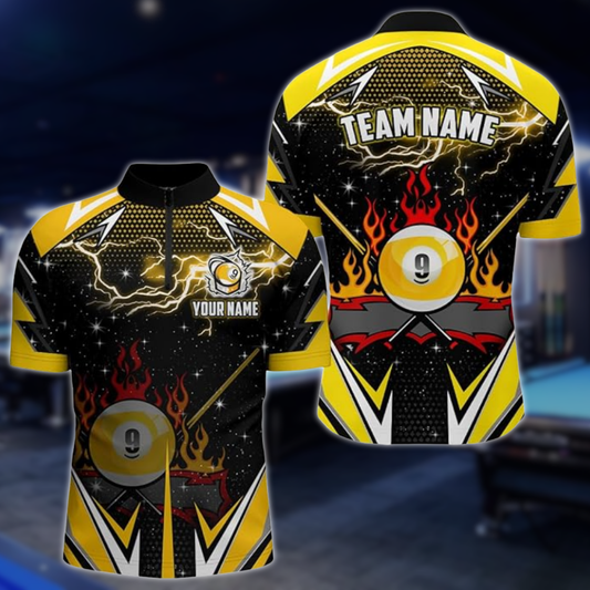 Flaming 9 Ball Custom Black And Yellow Thunder Billiard Jersey For Men, Custom 9 Ball Billiard Team Shirts BLD0243