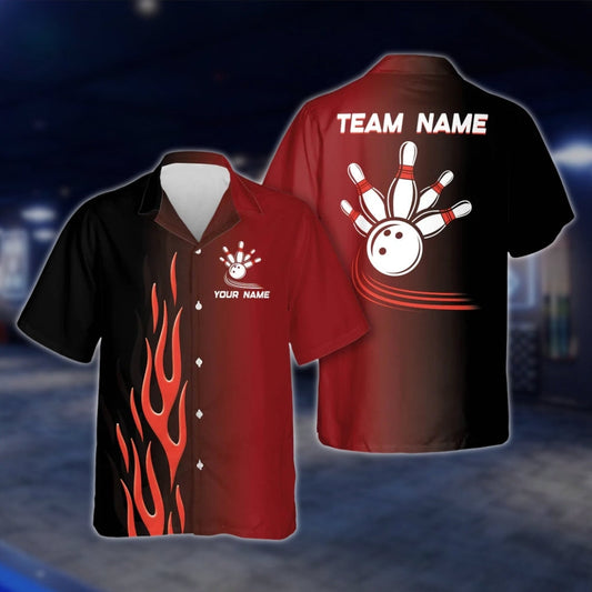 Custom Flame Red Black Hawaiian Bowling Shirt For Men Women, Custom Flame Bowling Team Shirts BE0028 BOW0333