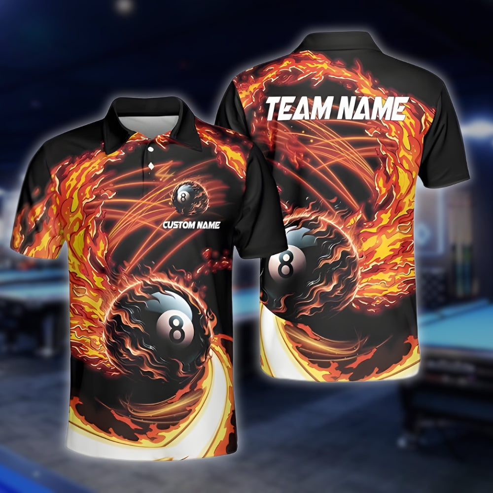 Custom Flame 8 Ball Billiard Men's Polo Shirt, Custom Flame Billiard Team Shirts BLD0094
