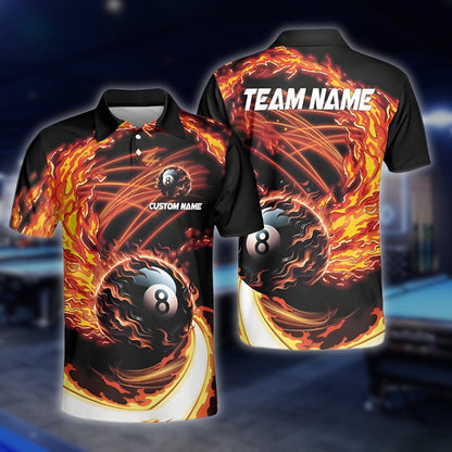 Custom Flame 8 Ball Billiard Men's Polo Shirt, Custom Flame Billiard Team Shirts BLD0094