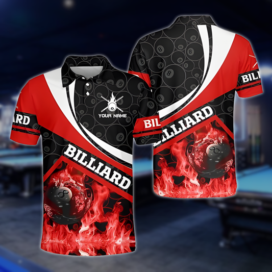 Custom Red Flame 8 Ball Billiard Men Polo Shirts, Custom Flame Billiard Shirts BLD0218