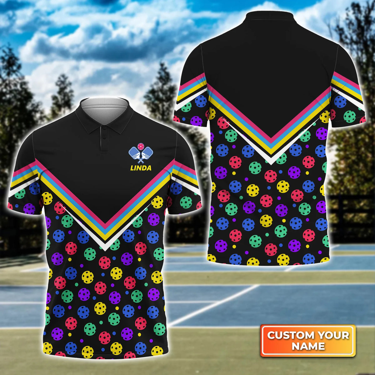Pickleball Pattern In Black Personalized Name 3D Polo Shirt QB95 Gift For Pickleball Player PKL0040