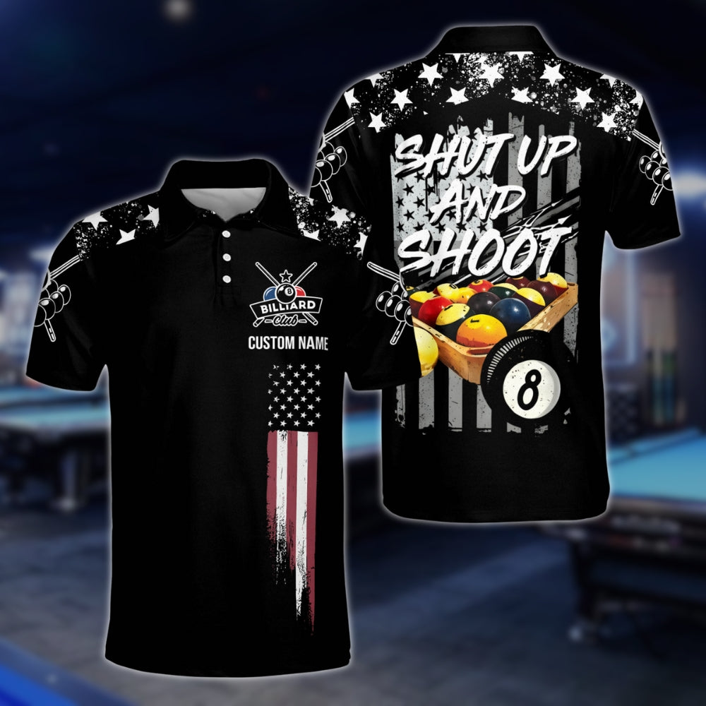 Shut Up And Shoot Custom USA Flag Billiard Men Polo Shirts, Custom Funny Patriotic Billiard Team Shirts BLD0026