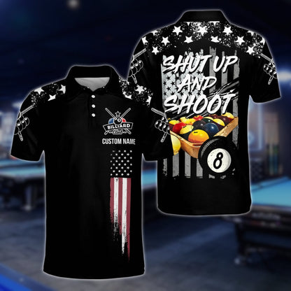 Shut Up And Shoot Custom USA Flag Billiard Men Polo Shirts, Custom Funny Patriotic Billiard Team Shirts BLD0026