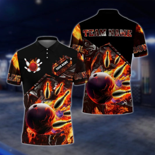 Custom Flame Ball Bowling Mens Polo Shirt, Custom Flame Bowling Shrits For Team BO0104 BOW0395