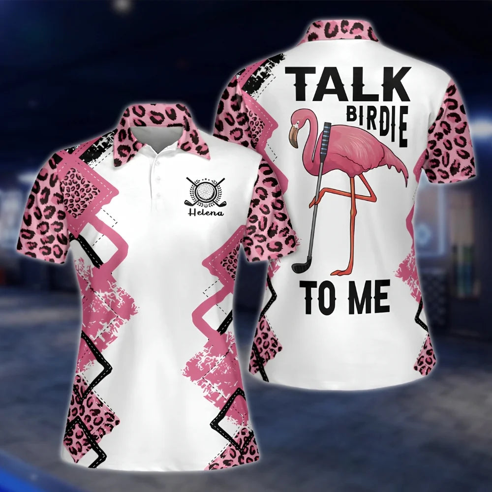 Custom Talk Birdie To Me Women's Flamingo Golf Shirts, Custom Funny Flamingo Golf Shirts Ladies GOF0288