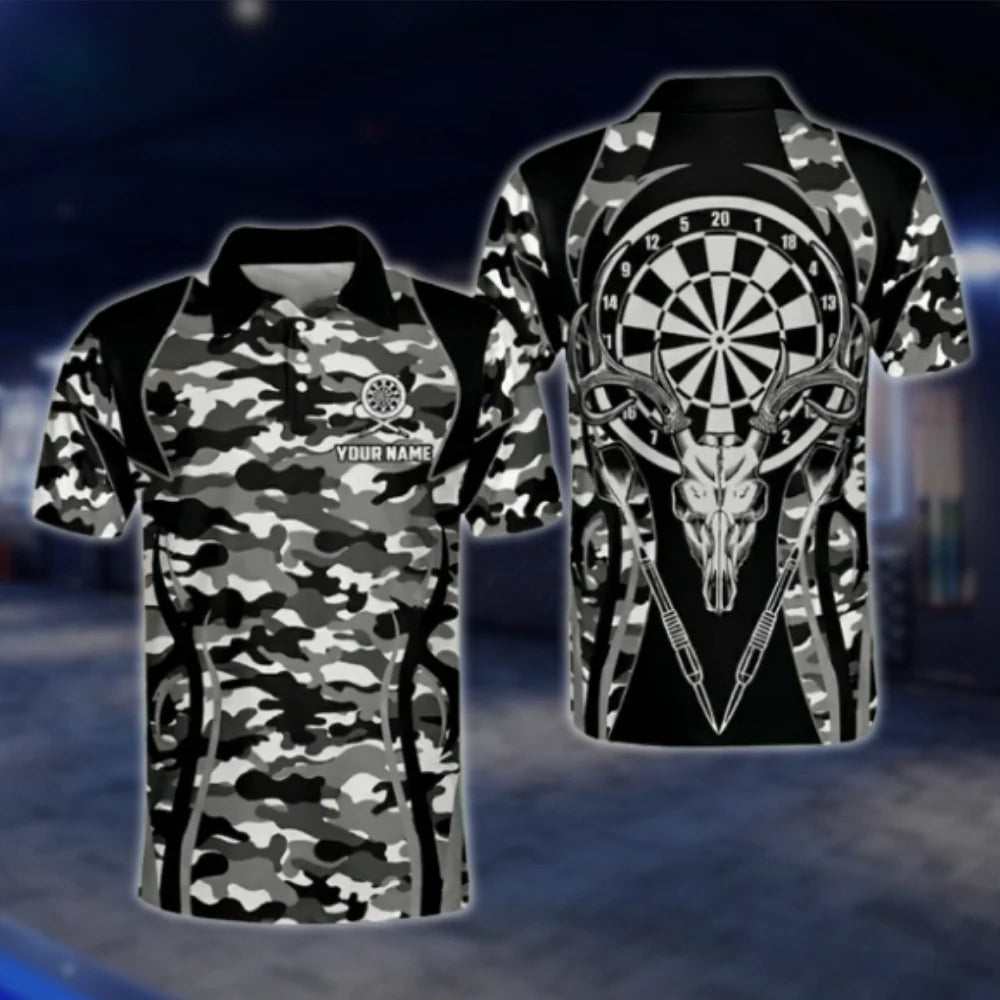 Custom Mens Camo Skull Dart Polo Shirt, Black And White Custom Camo Dart Shirt DAT0449