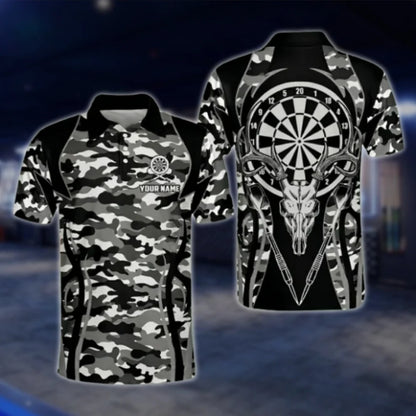 Custom Mens Camo Skull Dart Polo Shirt, Black And White Custom Camo Dart Shirt DAT0449