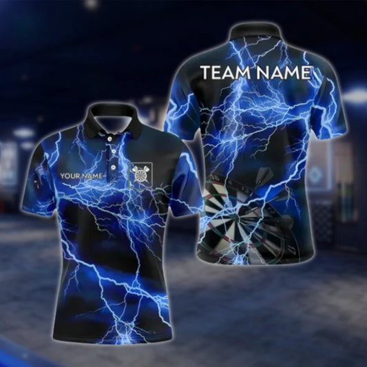 Thunder Lightning Blue Custom Mens Dart Polo Shirt, Custom Thunder Darts Team Shirts DAT0379