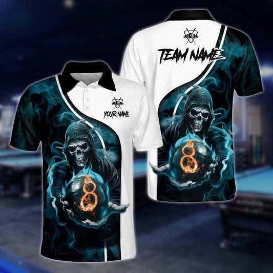 Custom Skull 8 Ball Cyan Billiard Polo Shirt For Mens, Custom Skull Billiard Team Shirts BLD0231