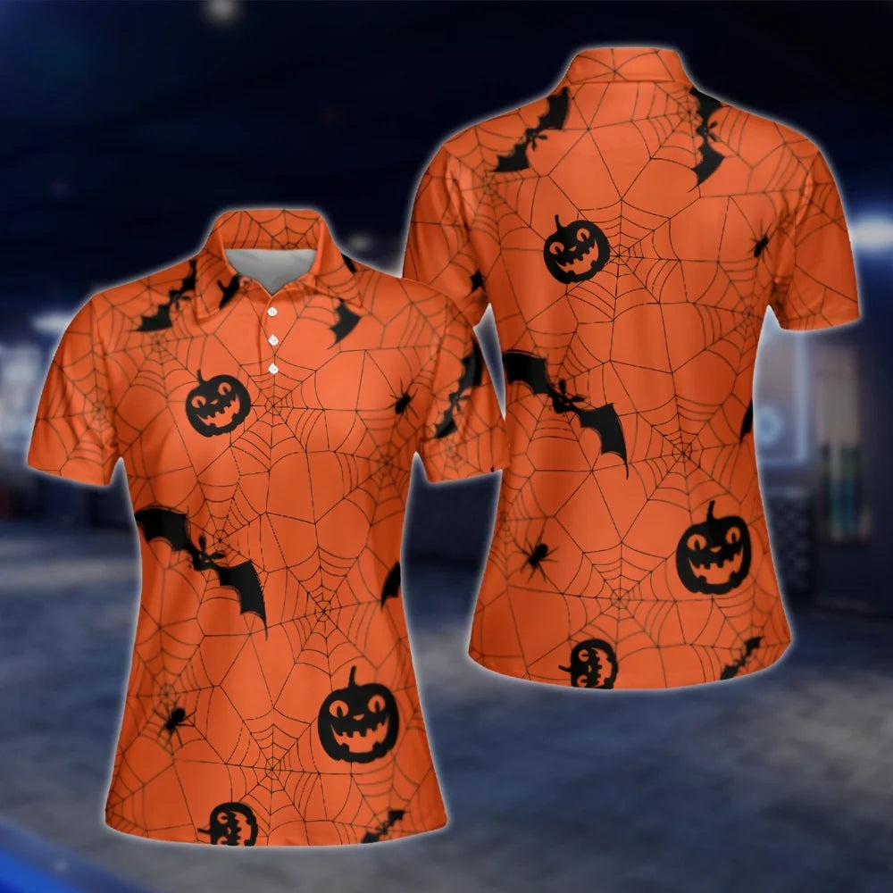 Pumpkin Orange Black Women's Golf Polo Shirt, Halloween Golf Shirt For Ladies GOF0115