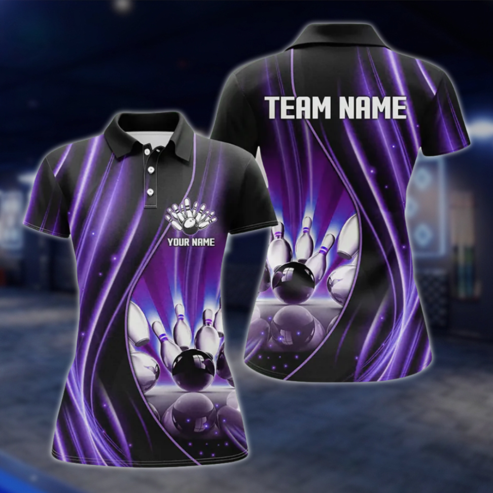 Custom Team Purple Lightning Women's Bowling Polo Shirt, Custom Bowling Shirt For Ladies BZ0488 BOW0282