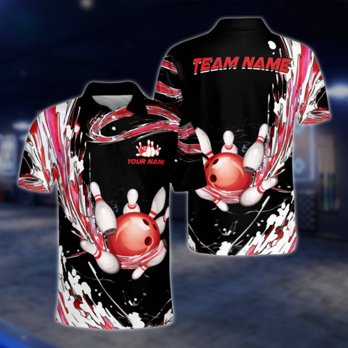 Custom Team Red White Black Bowling Mens Polo Shirt, Custom Bowling Shirts BZ0026 BOW0417