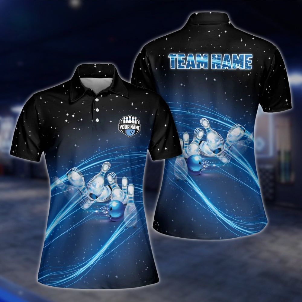 Custom Womens Team Blue Lightning Bowling Polo Shirt, Custom Bowling Team Shirts BW0157 BOW0244