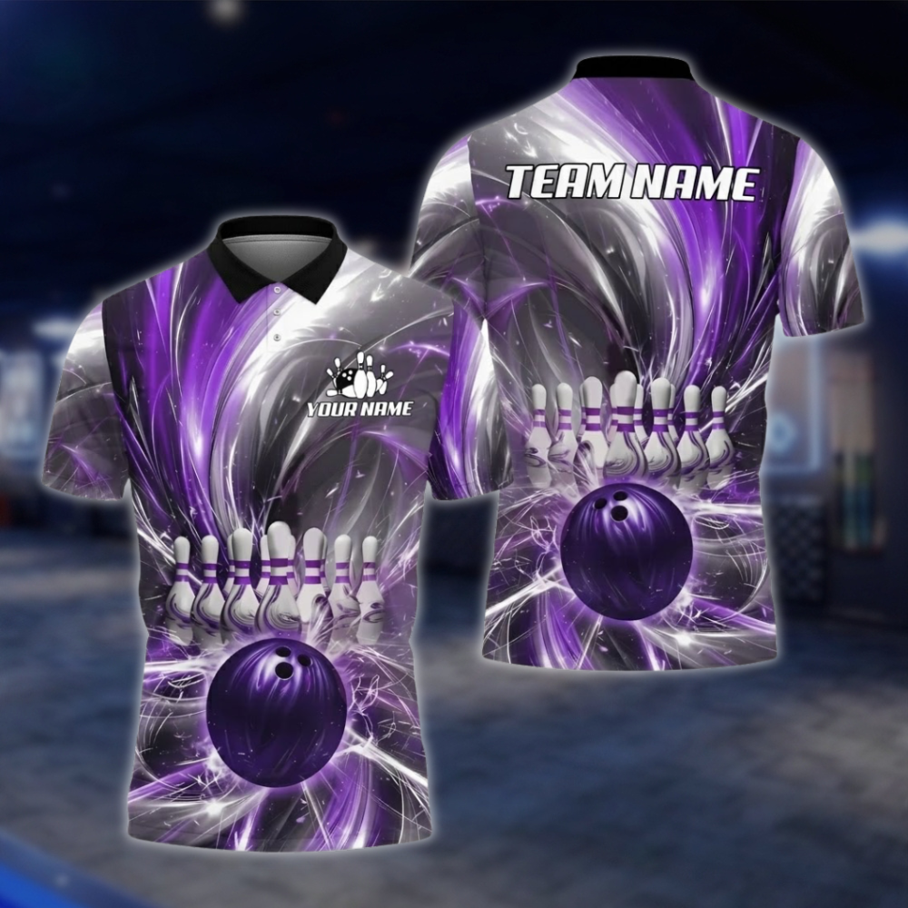 Personalized Lightning Purple Polo Bowling Team Shirts Men, Custom Team Bowling Shirt BZ0754 BOW0165