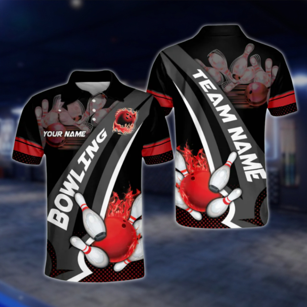 Custom Team Flame Ball Bowling Polo Shirt For Mens, Black And Red Custom Bowling Shirts BO0107 BOW0416