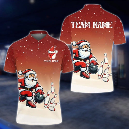 Santa Playing Bowling Custom Mens Xmas Bowling Polo Shirt, Custom Christmas Bowling Team Shirts BE0116 BOW0386