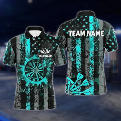 Custom American Flag Grunge Cyan Dart Polo Shirt For Men, Custom Patriotic Dart Team Shirts DAT0350