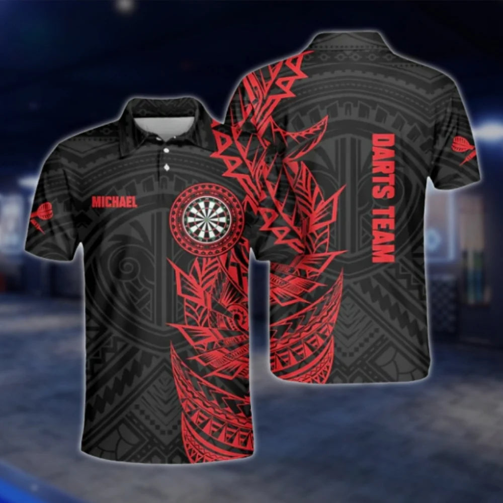Personalized Red Tribal Mens Dart Polo Shirt, Custom Tribal Darts Shirt For Team DAT0256