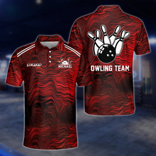 Custom Team Red Wave Abstract Bowling Polo Shirts For Mens, Custom Bowling Team Shirt BZ0170 BOW0496