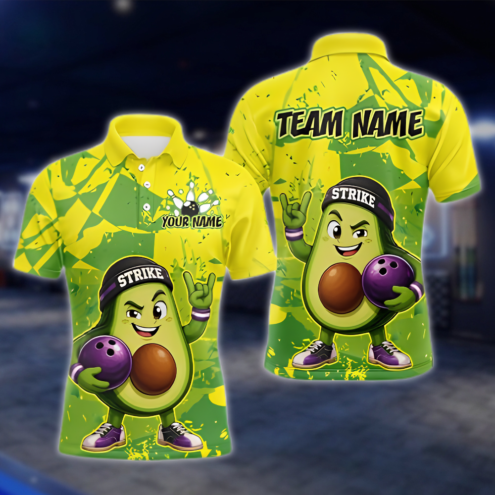 Personalized Avocado Fun Men's Green Bowling Polo Shirt, Custom Avocado Bowling Shirt Team BZ0903 BOW0040