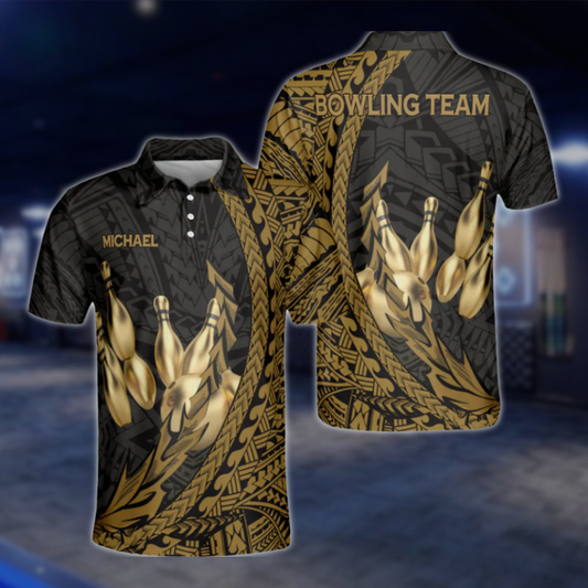 Black Gold Tribal Personalized Men's Bowling Polo Shirts, Custom Tribal Bowling Shirts Team BZ0202 BOW0476
