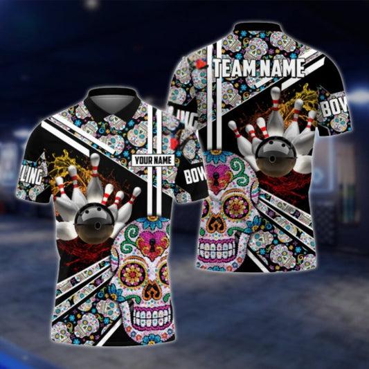 Sugar Skull Custom Mens Bowling Polo Shirt, Custom Skull Day Of The Dead Bowling Team Shirts BO0337 BOW0403
