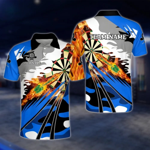 Custom Fire Dartboard Mens Blue Dart Polo Shirt, Custom Flame Dart Team Shirts DAT0273