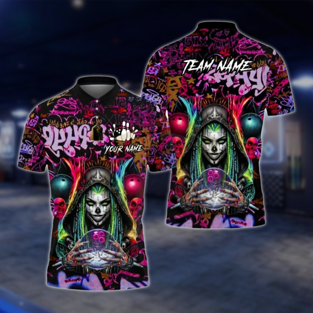 Personalized Cyberpunk Witch Skeleton Graffiti Bowling Mens Polo Shirt, Custom Skull Bowling Team Shirt BZ0794 BOW0113