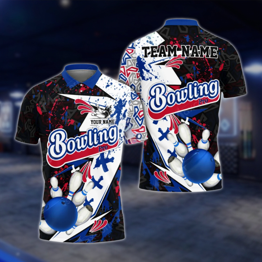 Personalized Abstract Men's Black Blue White Bowling Polo Shirt, Custom Bowling Team Shirts BZ0779 BOW0128