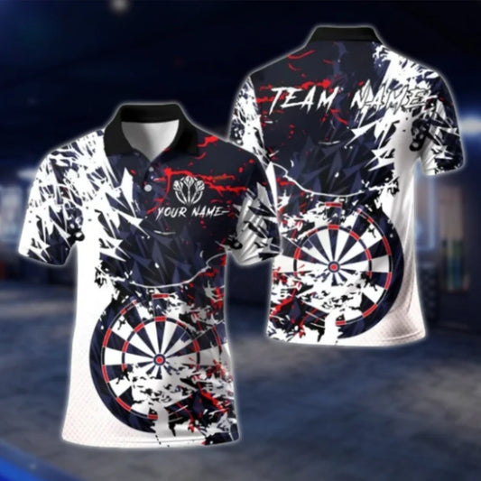 Custom Team White Navy Grunge Darts Mens Polo Shirt, Custom Darts Shirts DAT0320