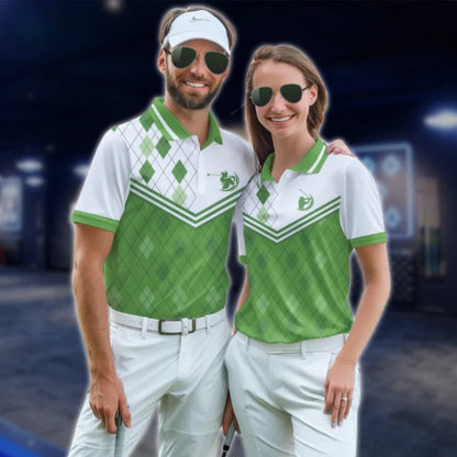 White And Green Argyle Matching Couple Golf Polo Shirts, Matching Argyle Golf Shirts For Men And Women GOF0176