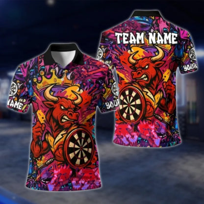 Custom Bull Red Graffiti Dart Mens Polo Shirt, Custom Bull Team Dart Shirts DAT0349