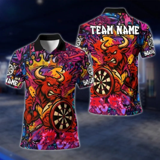Custom Bull Red Graffiti Dart Mens Polo Shirt, Custom Bull Team Dart Shirts DAT0349