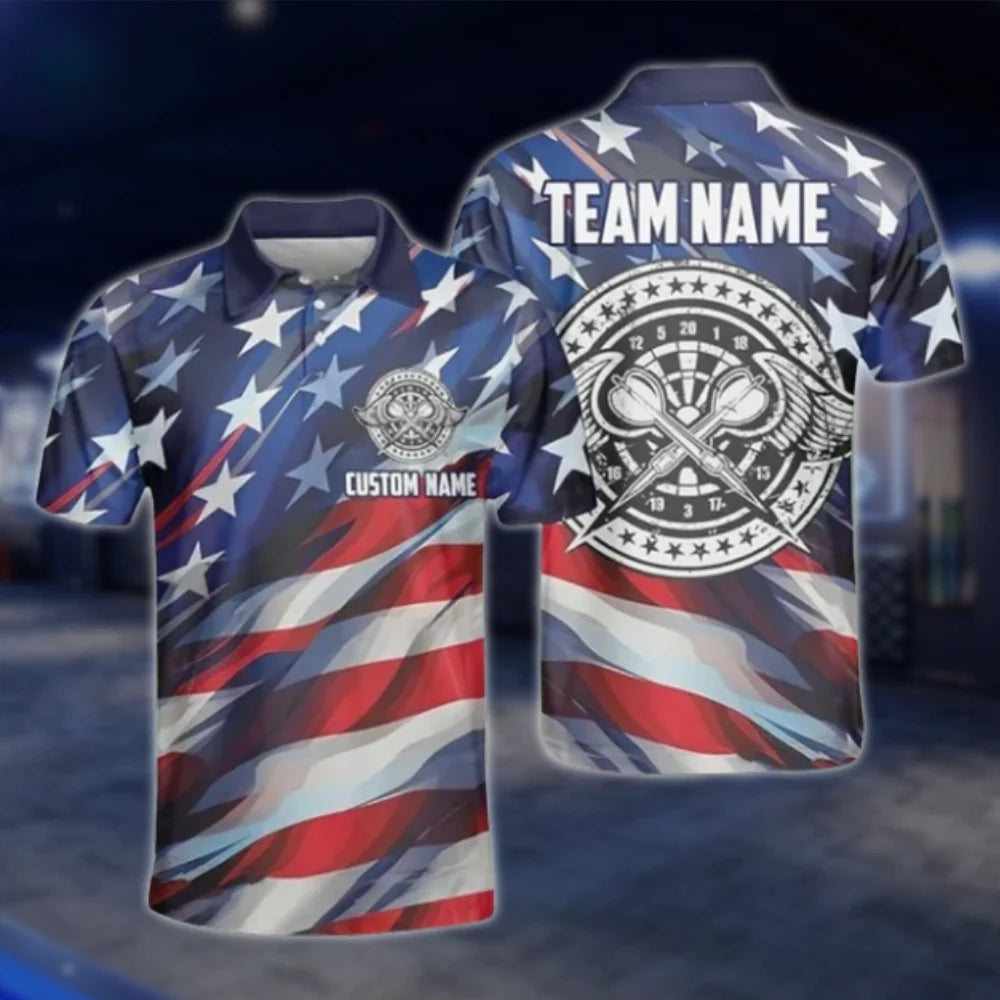 American Flag Custom Mens Darts Polo Shirt, Custom Patriotic Dart Team Shirts DAT0409